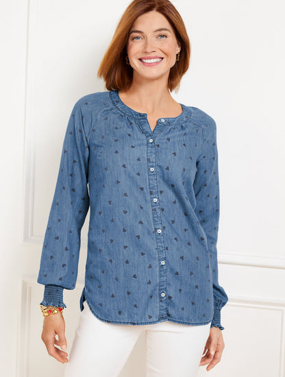 DENIM RUFFLE TOP - SPRING HEARTS