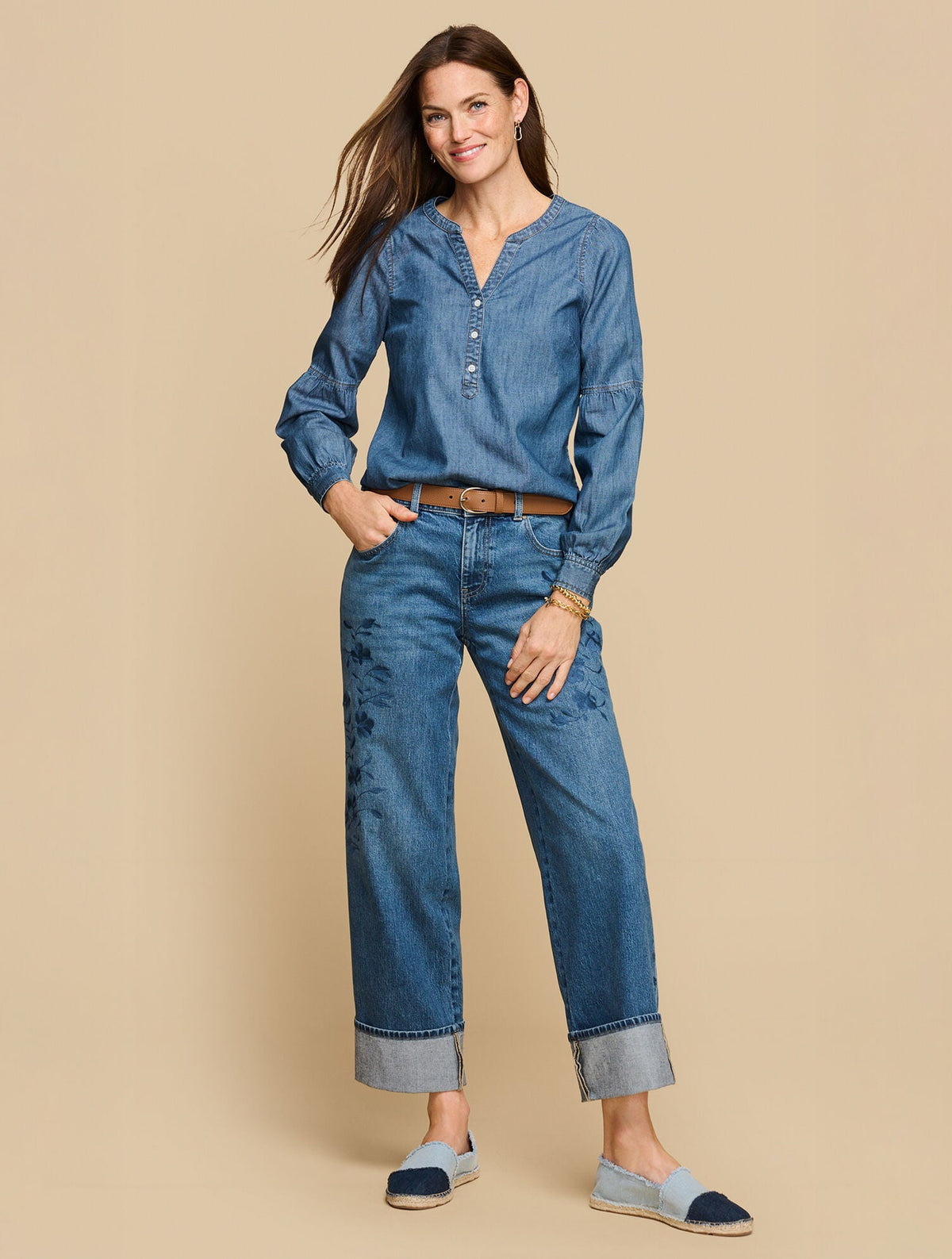 LANTERN SLEEVE SHORT DENIM TOP - KINNEY WASH