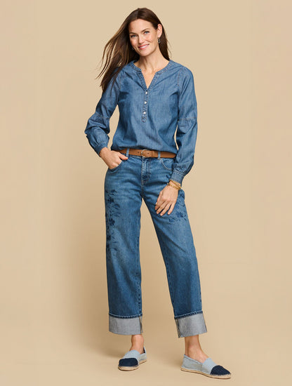 LANTERN SLEEVE SHORT DENIM TOP - KINNEY WASH