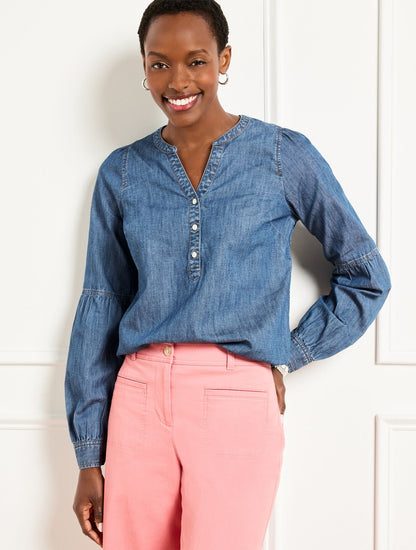 LANTERN SLEEVE SHORT DENIM TOP - KINNEY WASH