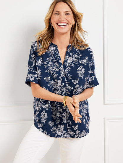 BAND COLLAR BUTTON FRONT POPLIN SHIRT - PENCIL BUTTERFLY