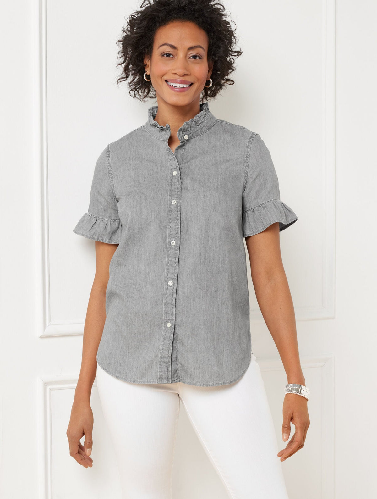 RUFFLE DENIM SHIRT - GREY WASH