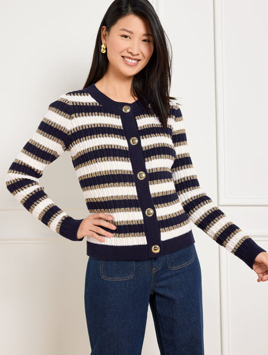 COMBED COTTON CREWNECK CARDIGAN - METALLIC STRIPE