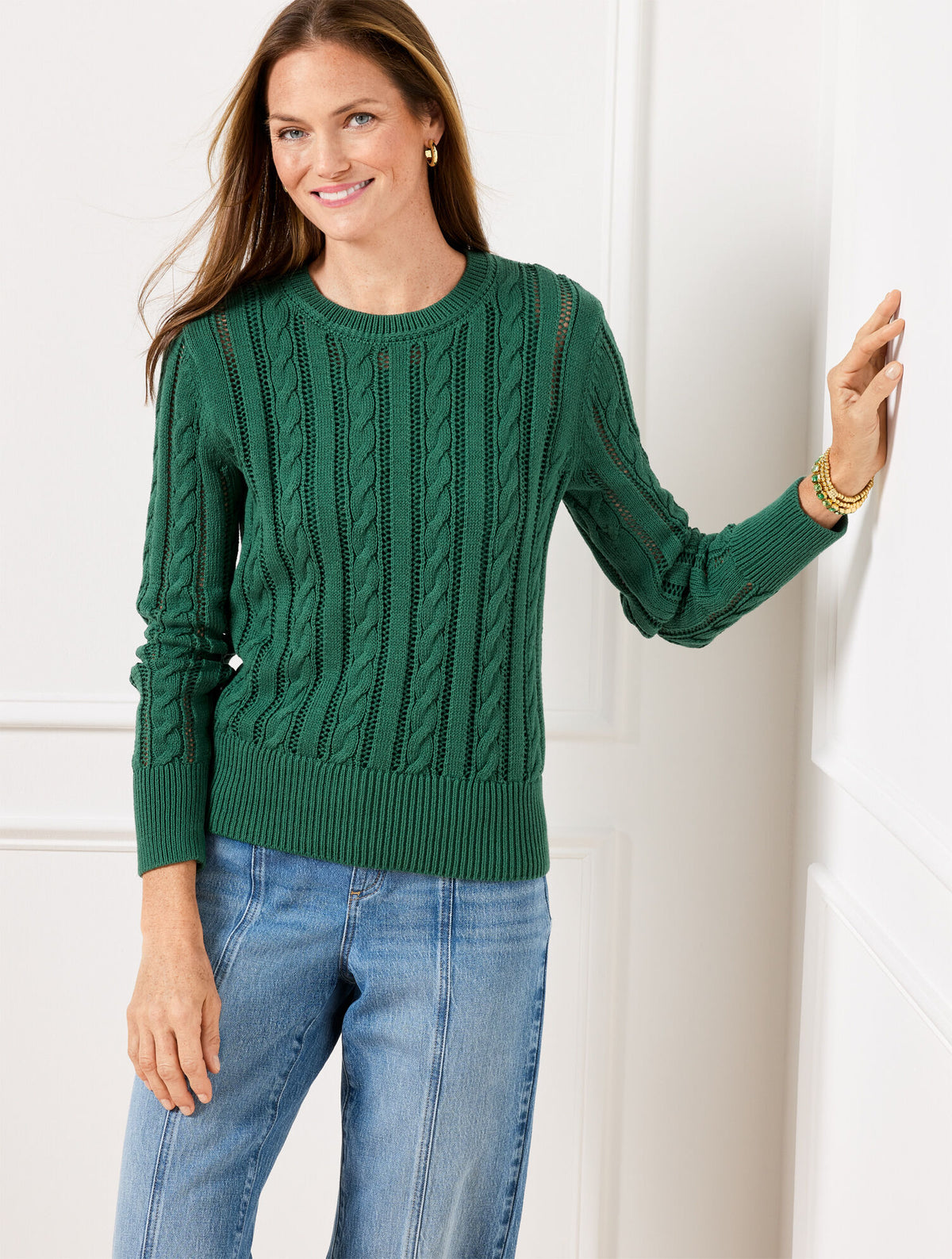 OPEN KNIT CABLE CREWNECK SWEATER