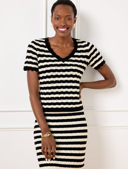 POINTELLE STRIPE SHORT SLEEVE SWEATER