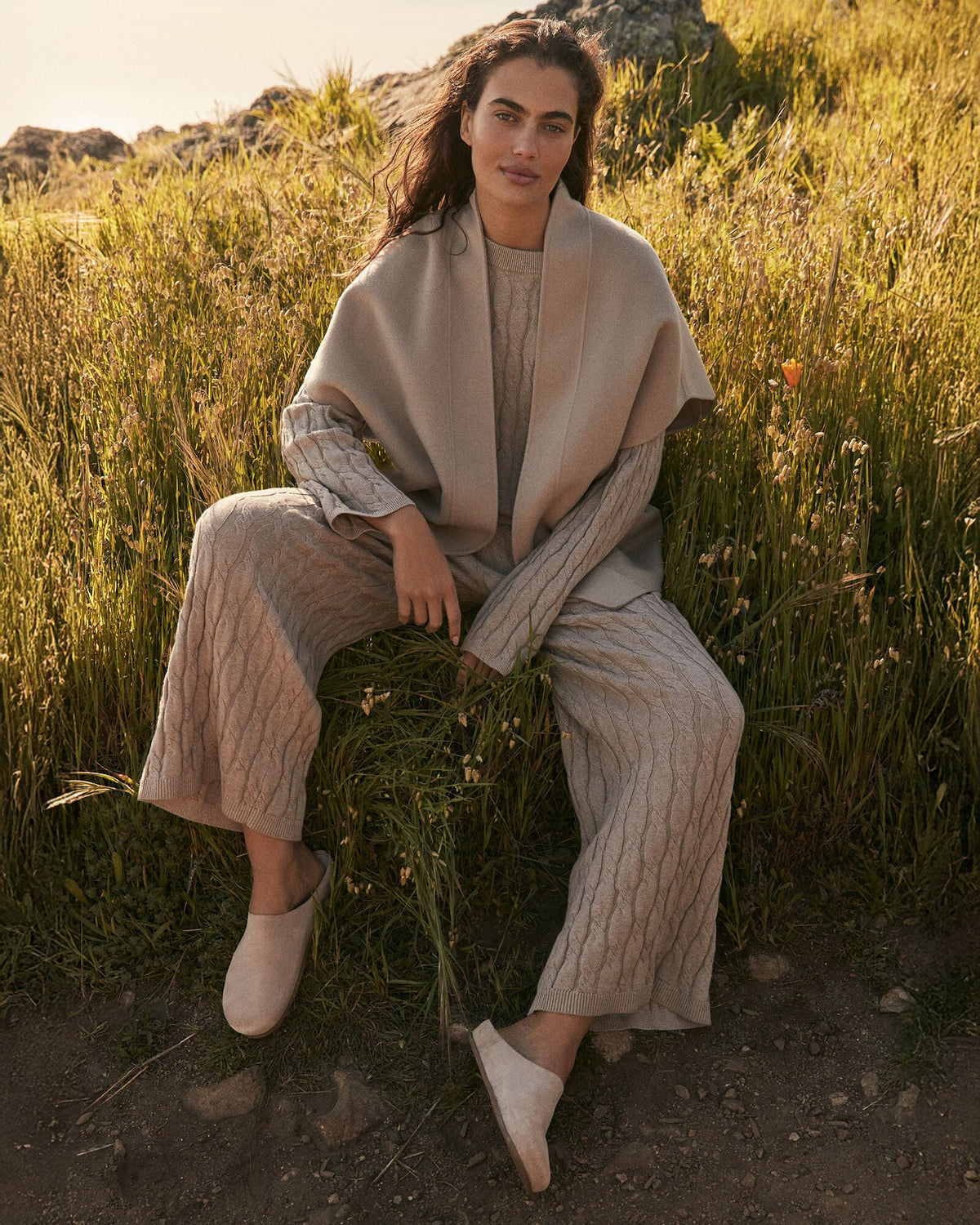 COTTON CASHMERE CABLE KNIT WIDE LEG PANTS