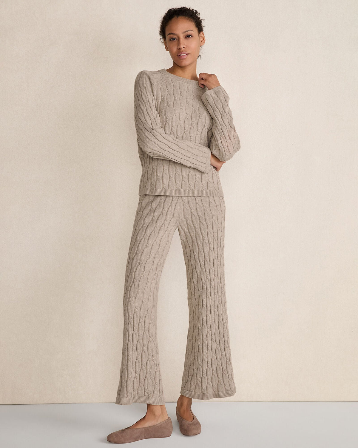 COTTON CASHMERE CABLE KNIT WIDE LEG PANTS