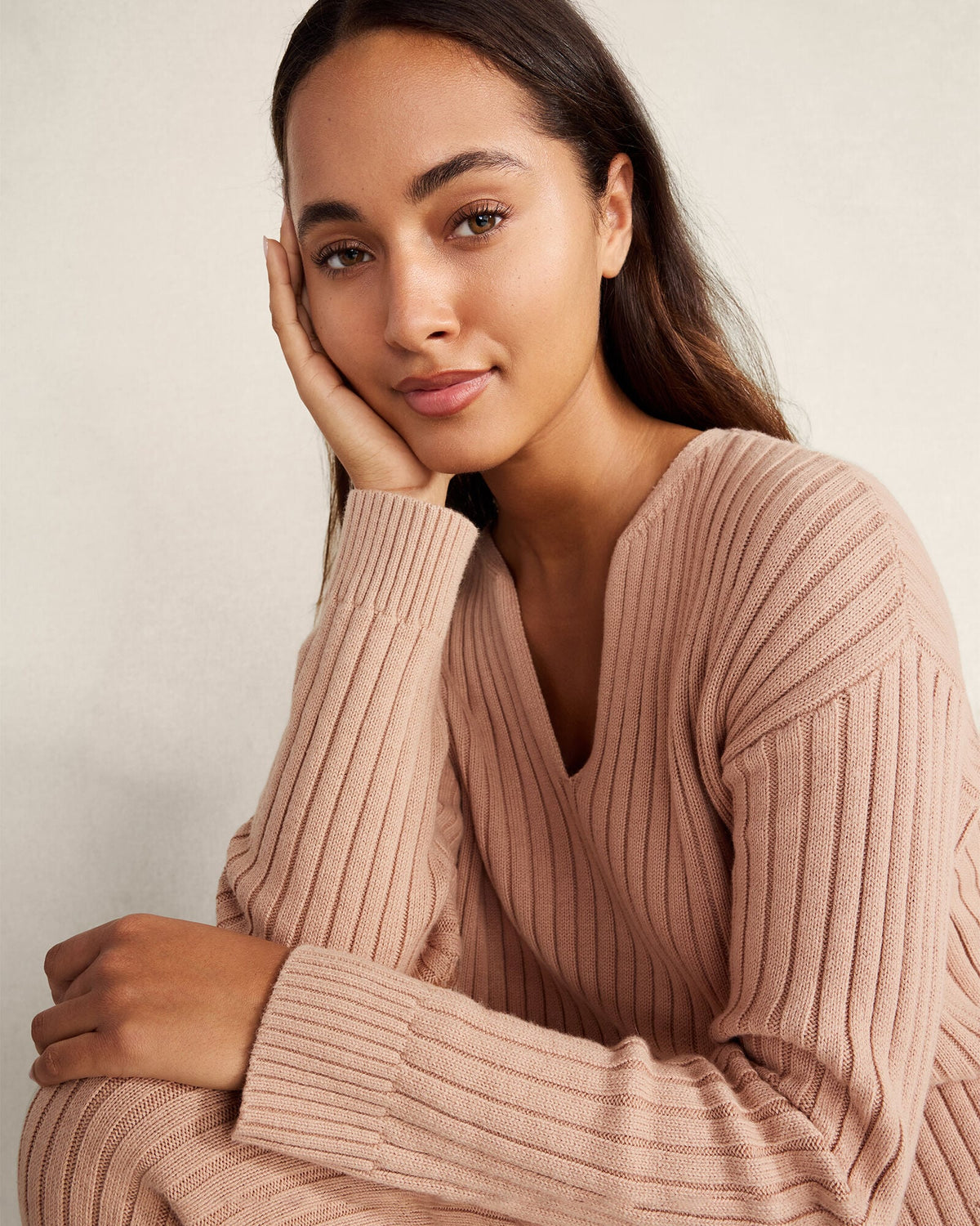 COTTON CASHMERE RIB V-NECK SWEATER
