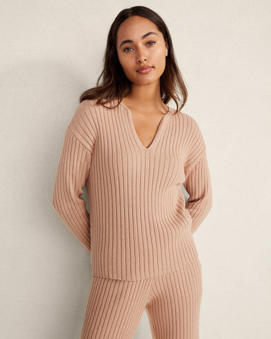 COTTON CASHMERE RIB V-NECK SWEATER
