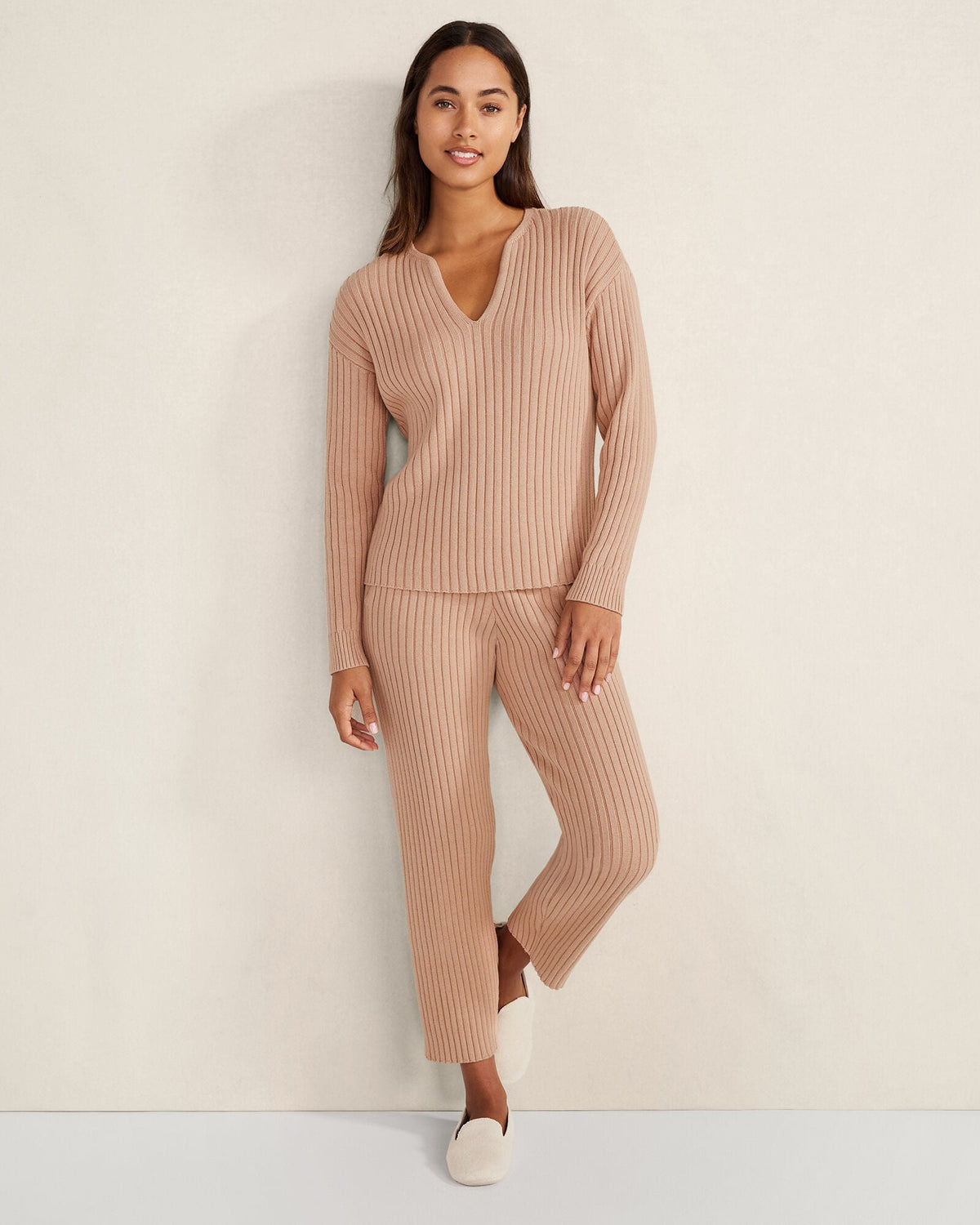 COTTON CASHMERE RIB-KNIT CROPPED PANTS