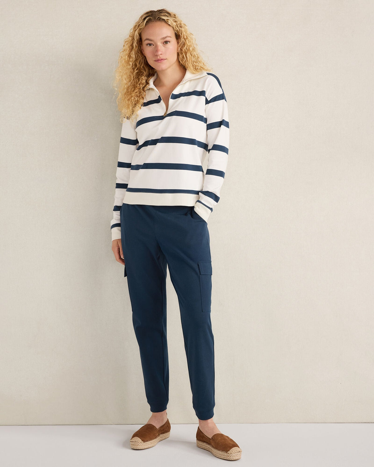 ORGANIC COTTON INTERLOCK STRIPED QUARTER ZIP