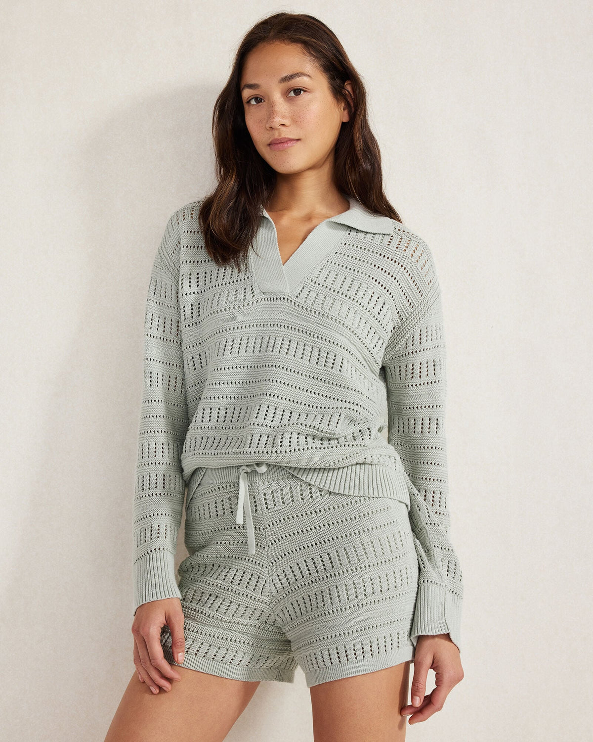 ORGANIC COTTON OPEN STITCH JOHNNY COLLAR SWEATER
