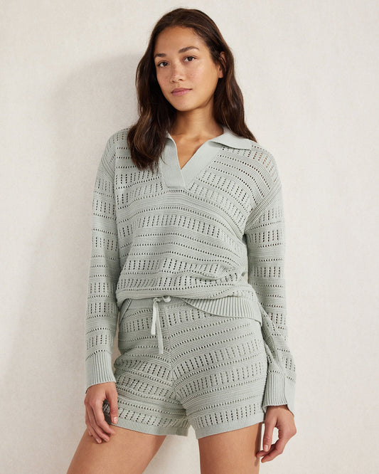 ORGANIC COTTON OPEN STITCH JOHNNY COLLAR SWEATER
