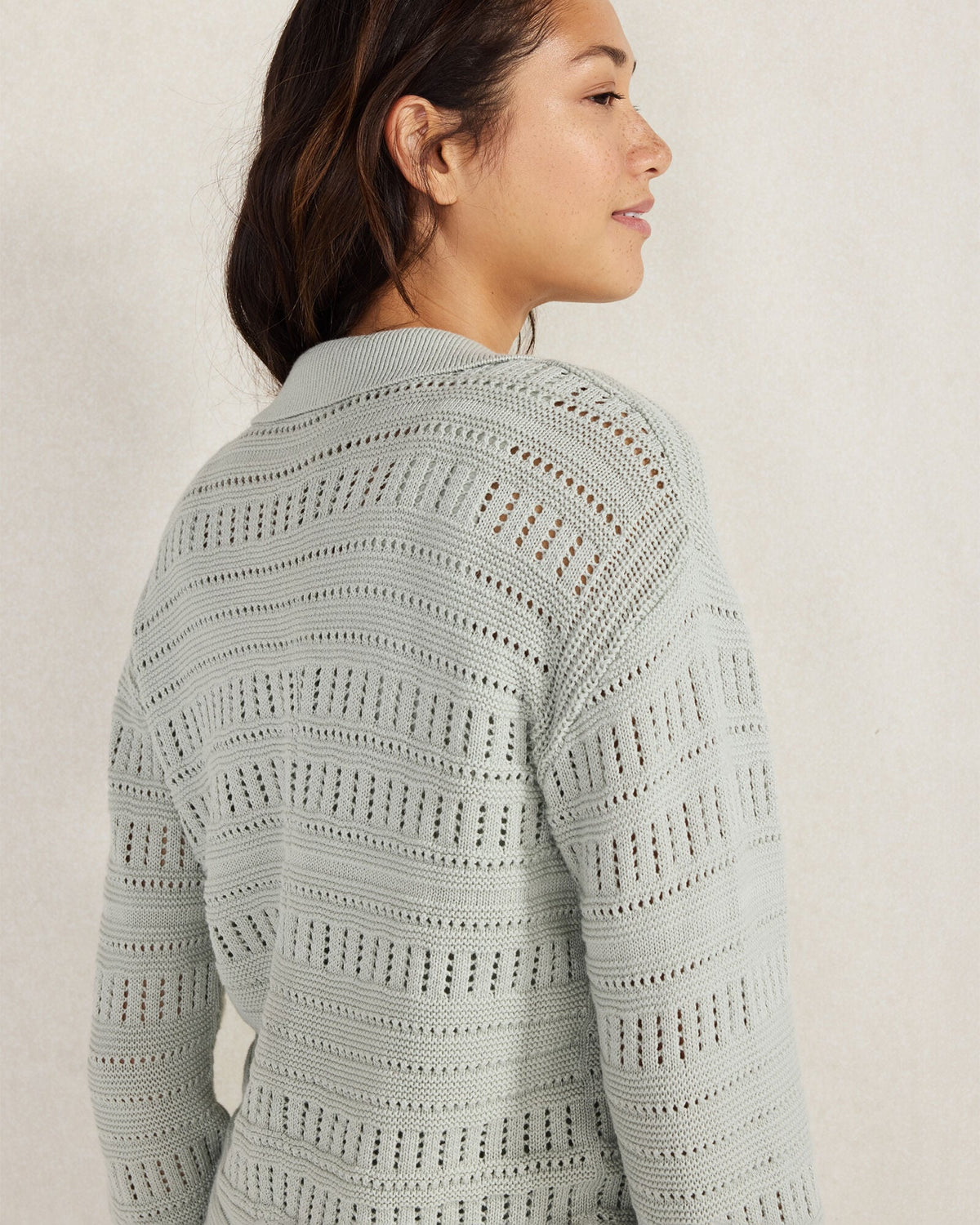 ORGANIC COTTON OPEN STITCH JOHNNY COLLAR SWEATER