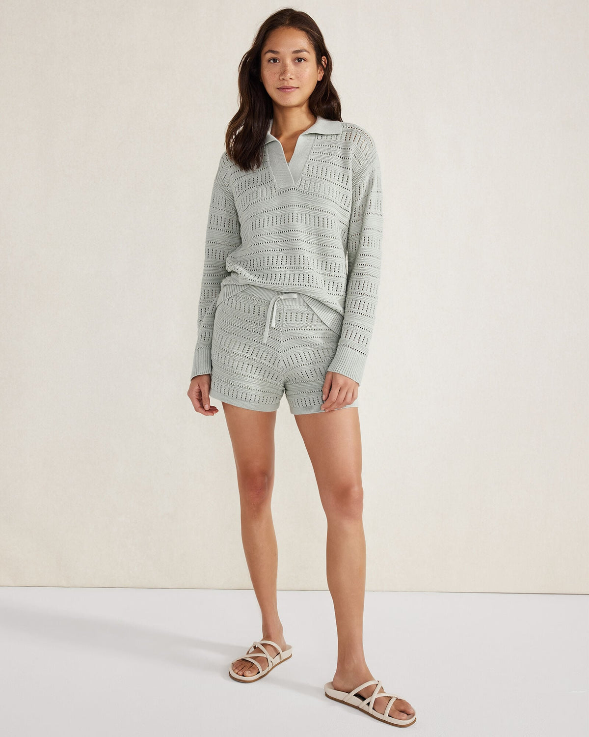 ORGANIC COTTON OPEN STITCH JOHNNY COLLAR SWEATER
