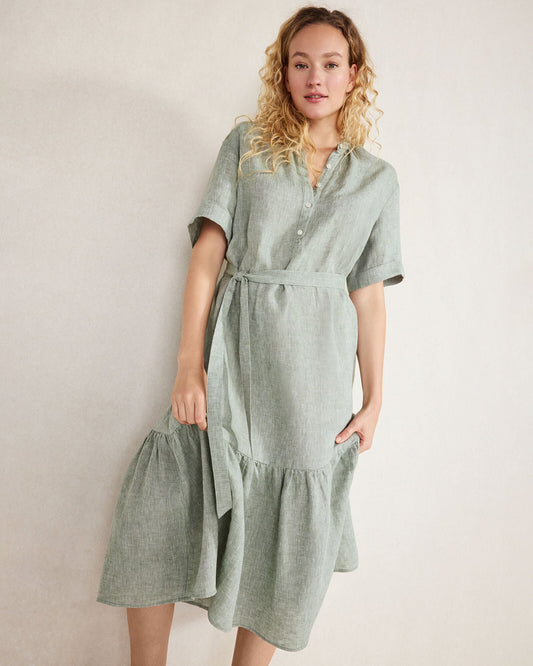 LINEN TIERED MIDI DRESS
