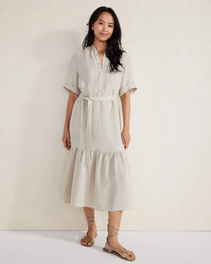 LINEN TIERED MIDI DRESS