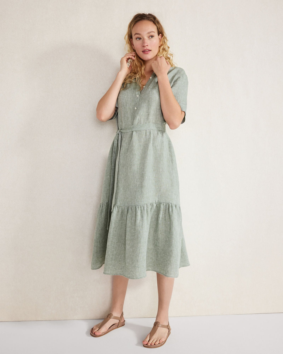 LINEN TIERED MIDI DRESS