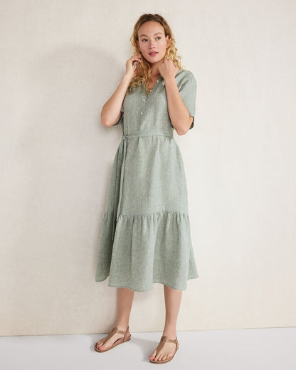 LINEN TIERED MIDI DRESS