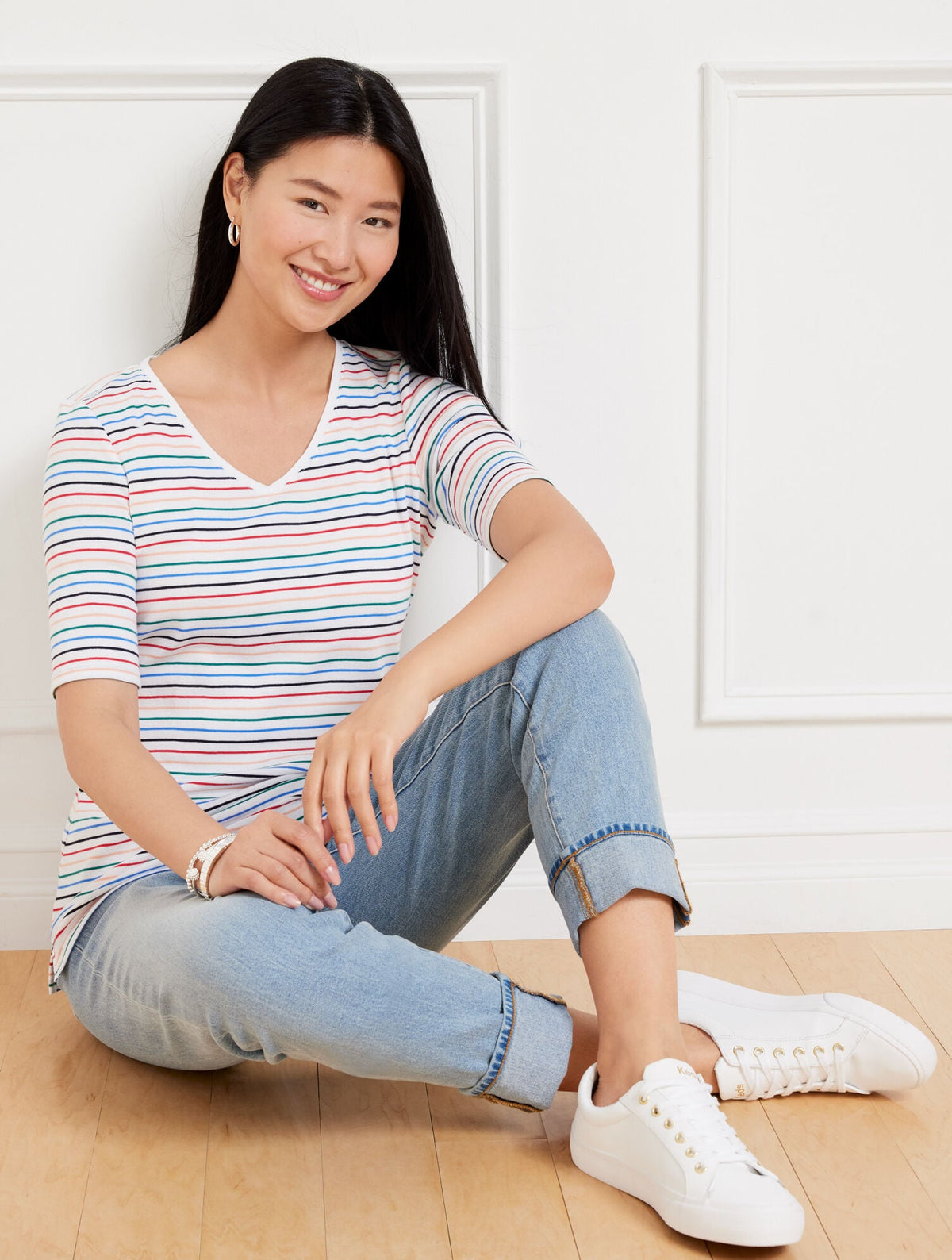 ELBOW SLEEVE V-NECK TEE - MARGOT STRIPE