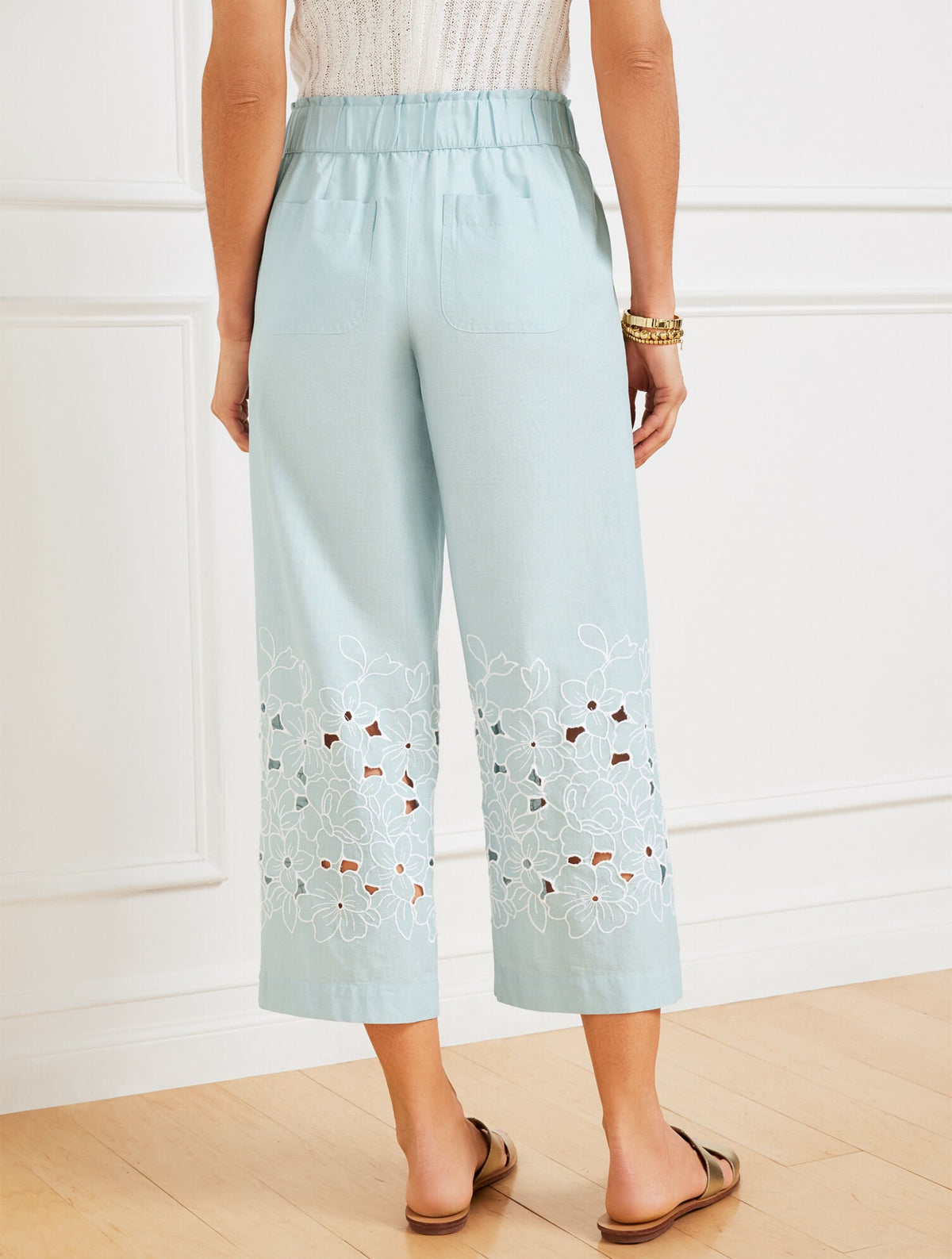 WIDE CROP PULL-ON EMBROIDERED WASHED LINEN PANTS