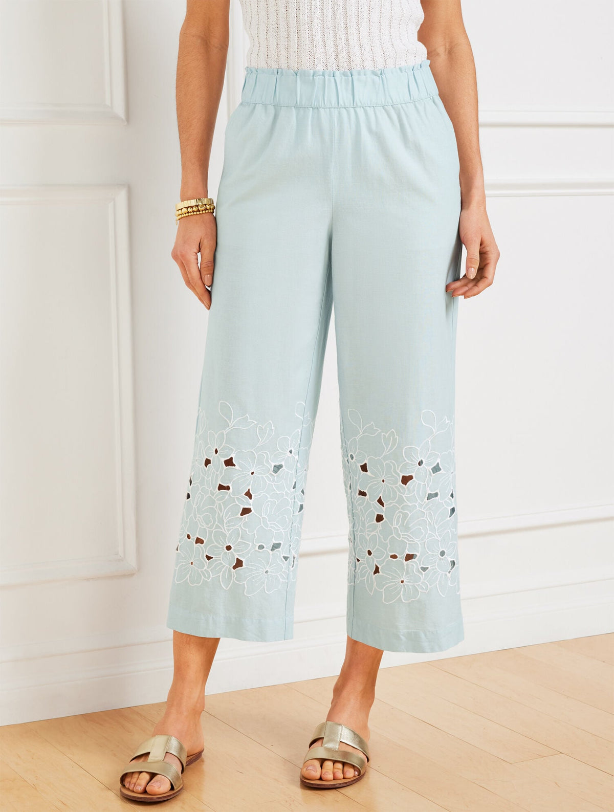 WIDE CROP PULL-ON EMBROIDERED WASHED LINEN PANTS
