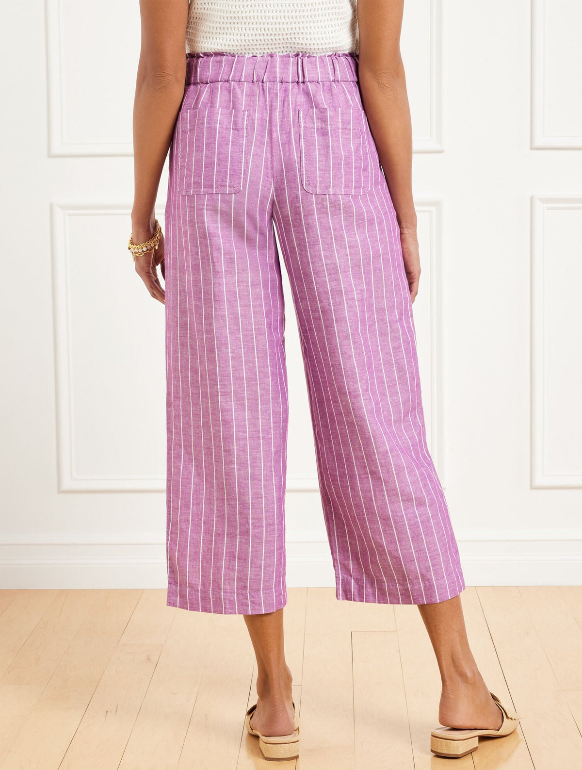 WIDE CROP WASHED LINEN PULL-ON PANTS - RIVIERA STRIPE