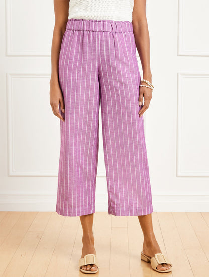 WIDE CROP WASHED LINEN PULL-ON PANTS - RIVIERA STRIPE