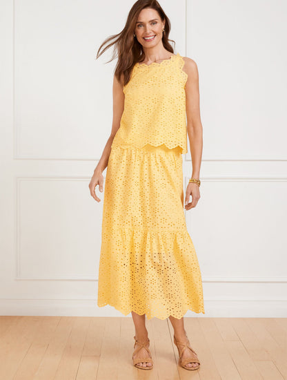 FLORAL DIAMOND EYELET FLOUNCE MIDI SKIRT