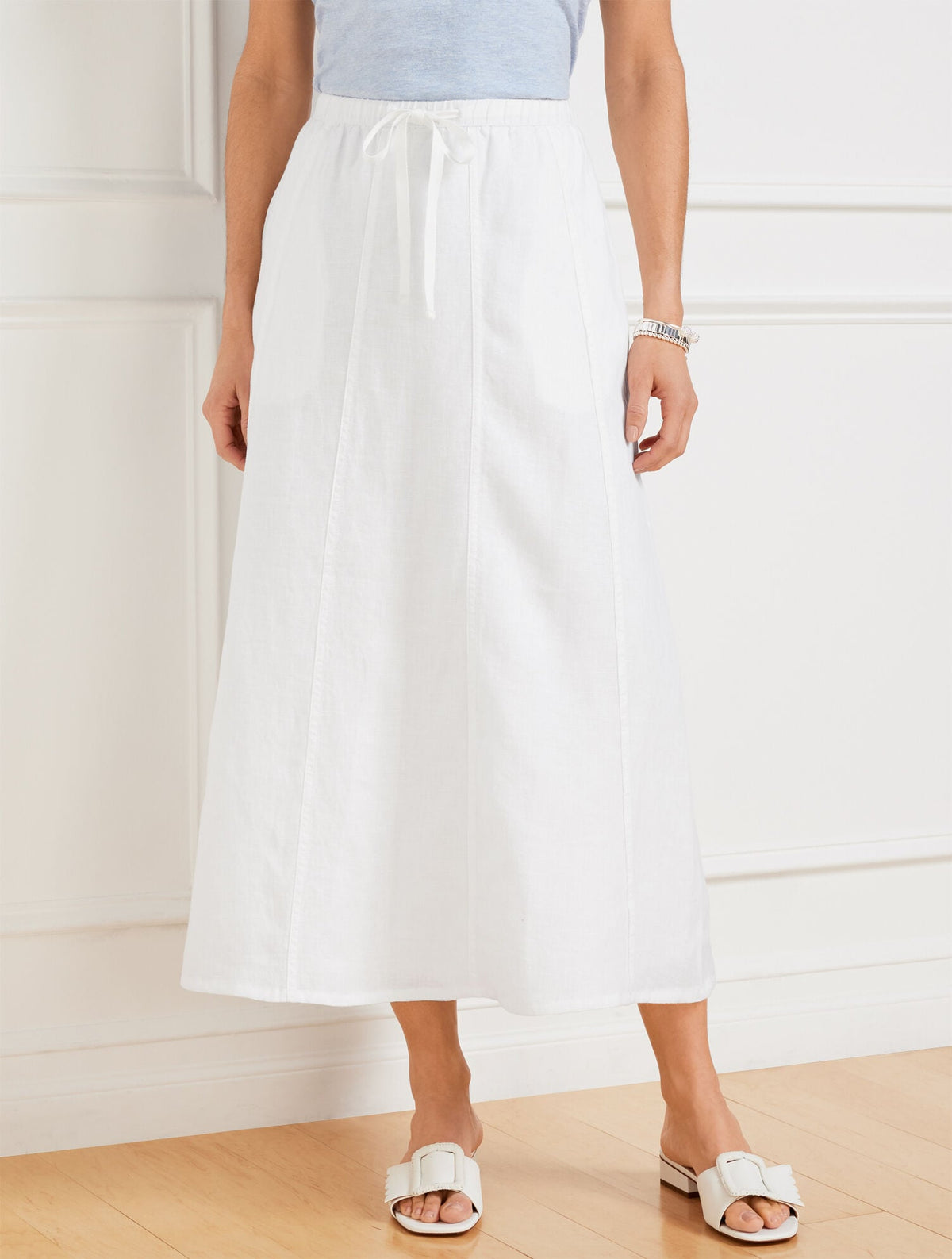 LINEN DRAWSTRING MIDI SKIRT - WHITE