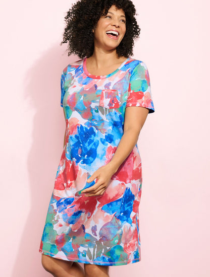 FRENCH TERRY T-SHIRT DRESS - PAINTED FLOWERS