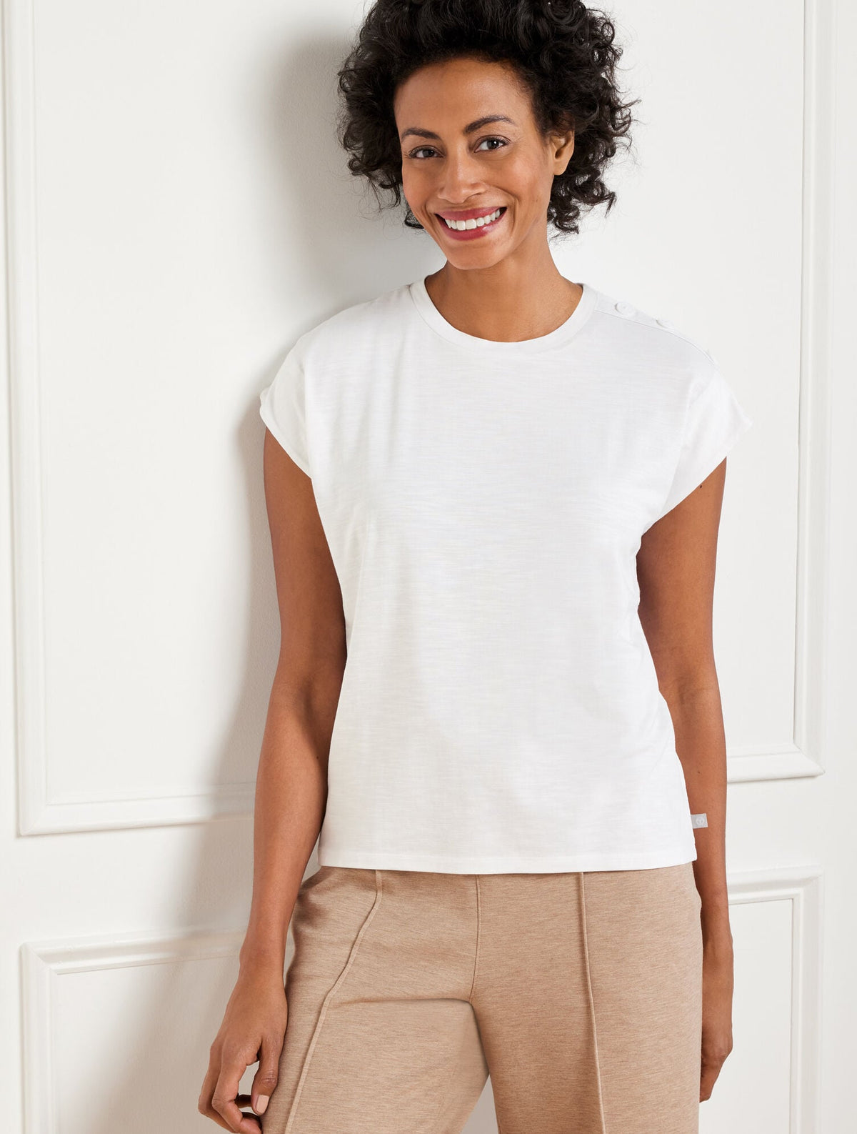 BUTTON SHOULDER CAP SLEEVE TEE
