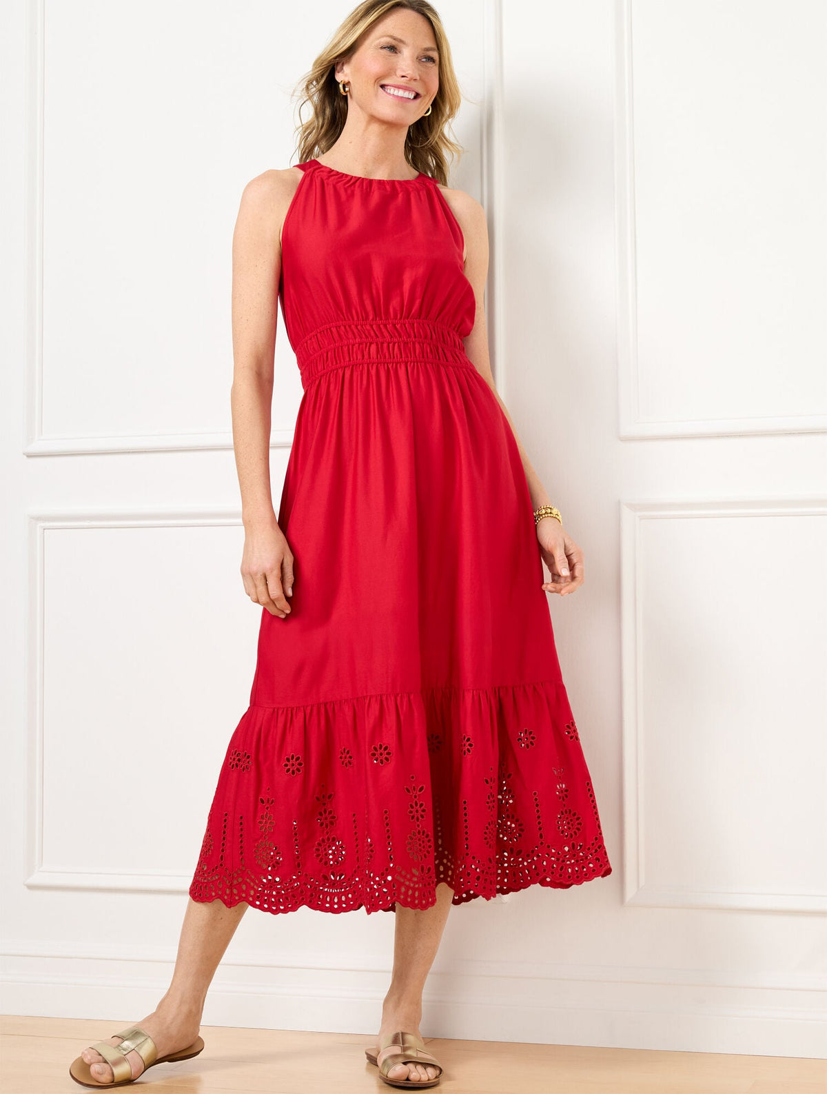EYELET HALTER FIT & FLARE DRESS