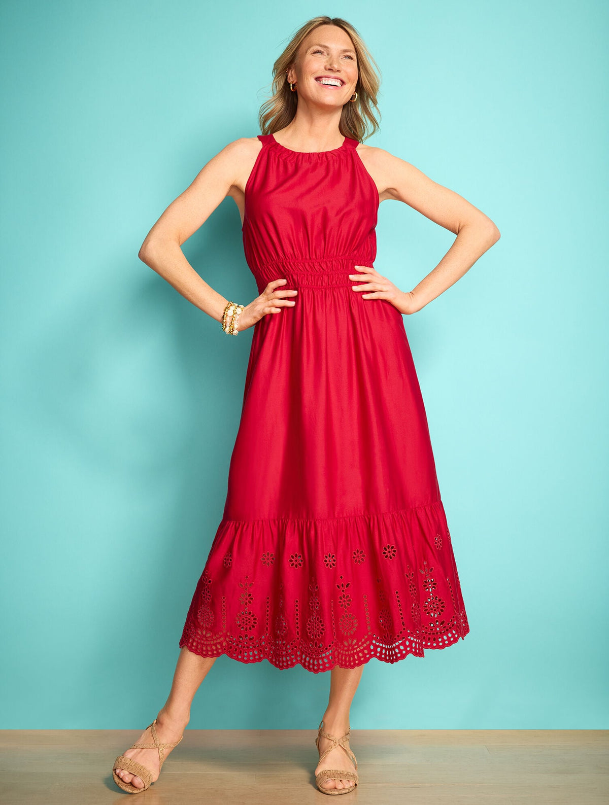 EYELET HALTER FIT & FLARE DRESS