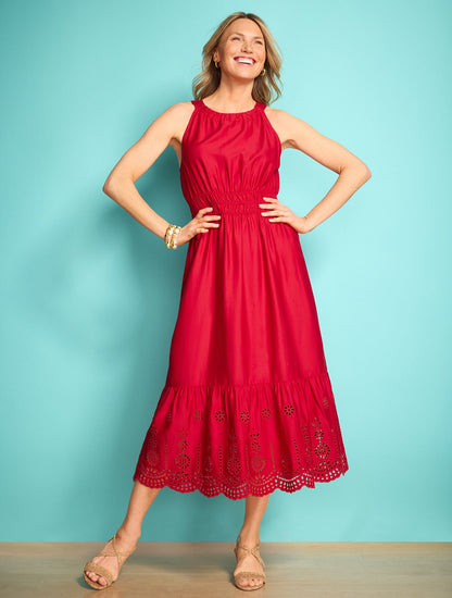 EYELET HALTER FIT & FLARE DRESS