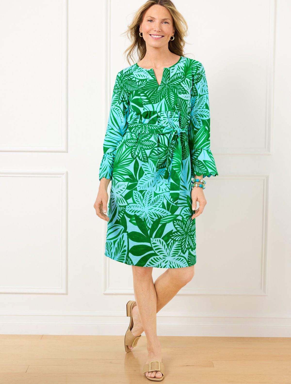 RUFFLE CUFF BELTED LINEN BLEND DRESS - WATERCOLOR BOTANICAL