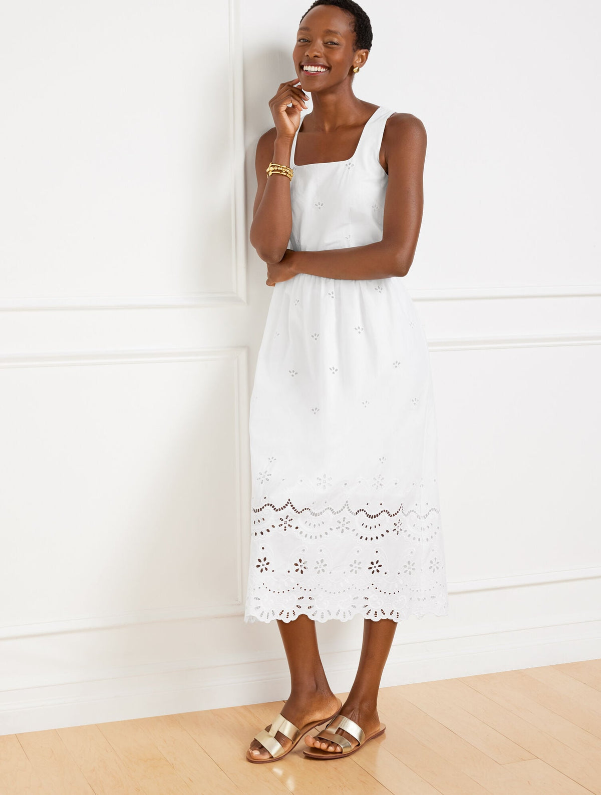 EYELET BORDER SQUARE NECK DRESS