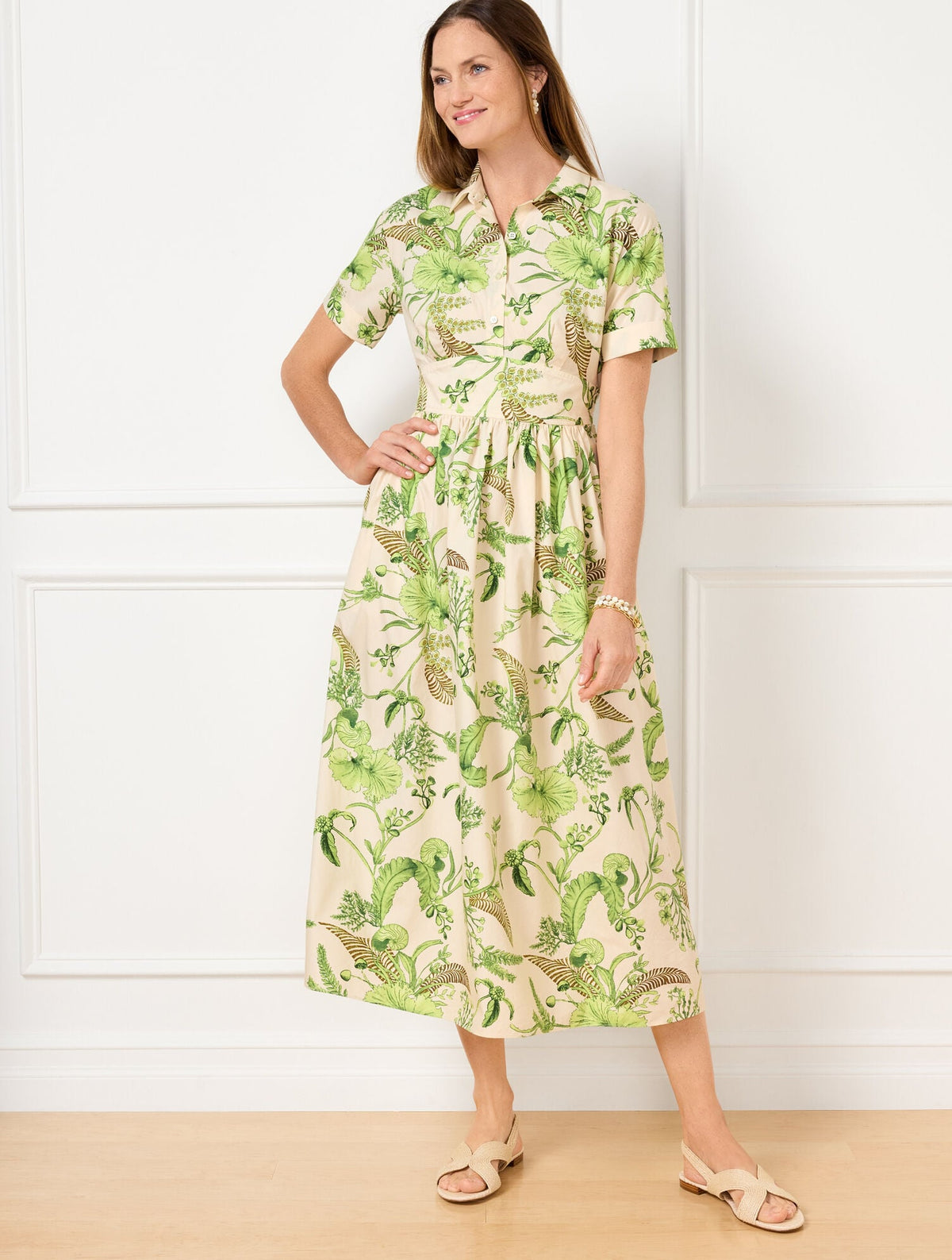 MODERN POPLIN SMOCKED MIDI DRESS - BRANCHING FLORAL