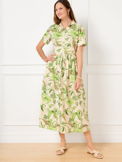 MODERN POPLIN SMOCKED MIDI DRESS - BRANCHING FLORAL