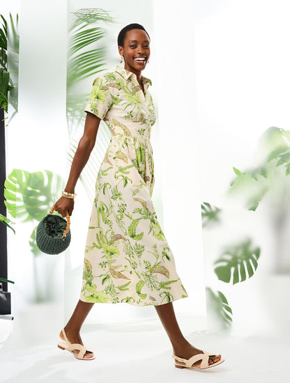 MODERN POPLIN SMOCKED MIDI DRESS - BRANCHING FLORAL