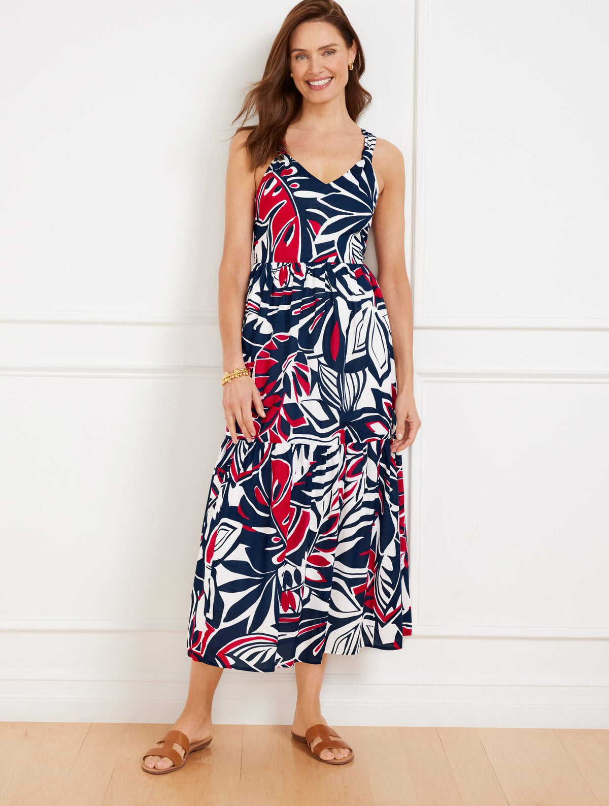 TIERED FIT & FLARE MIDI DRESS - EXPRESSIVE PALMS