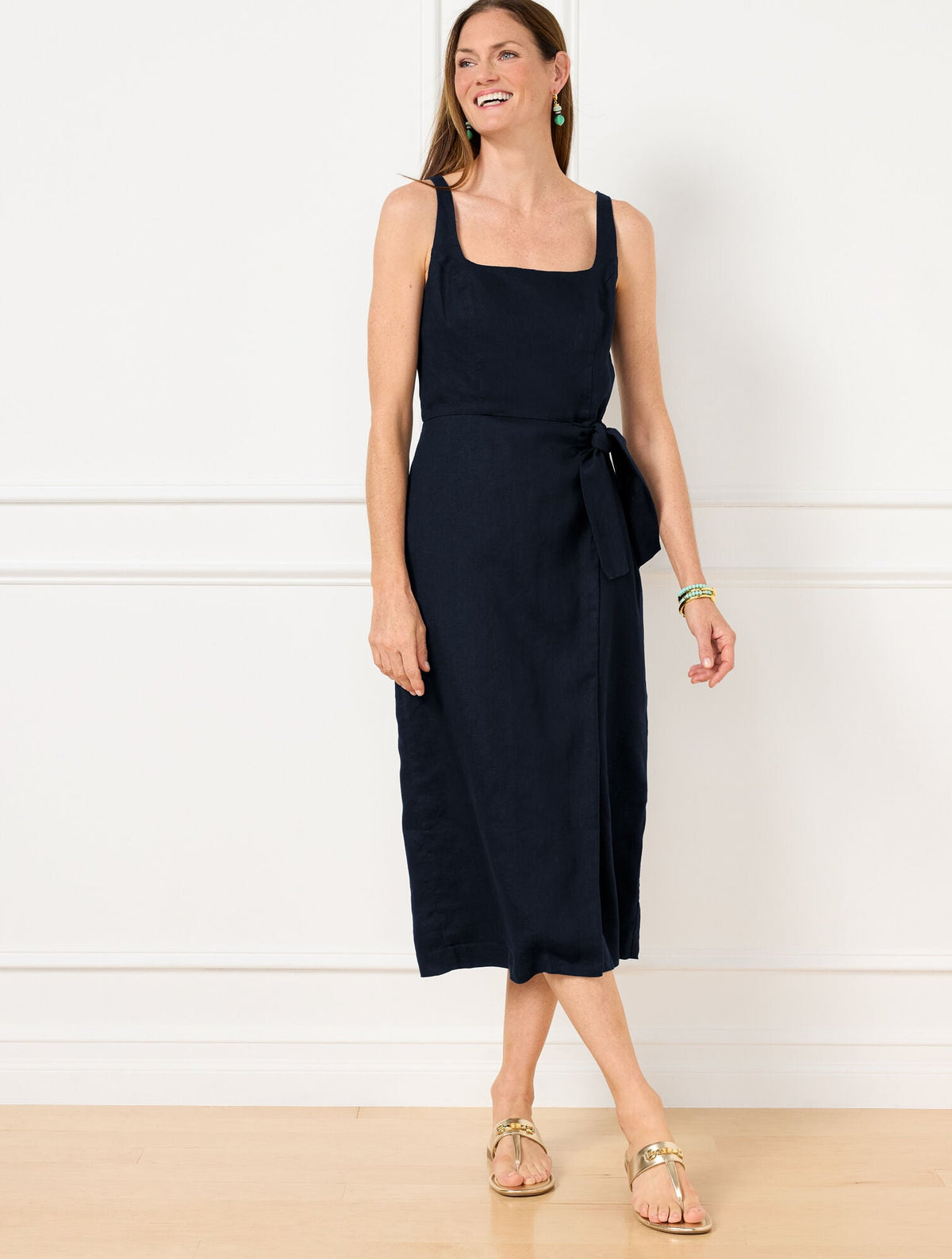 SQUARE NECK WRAP LINEN DRESS