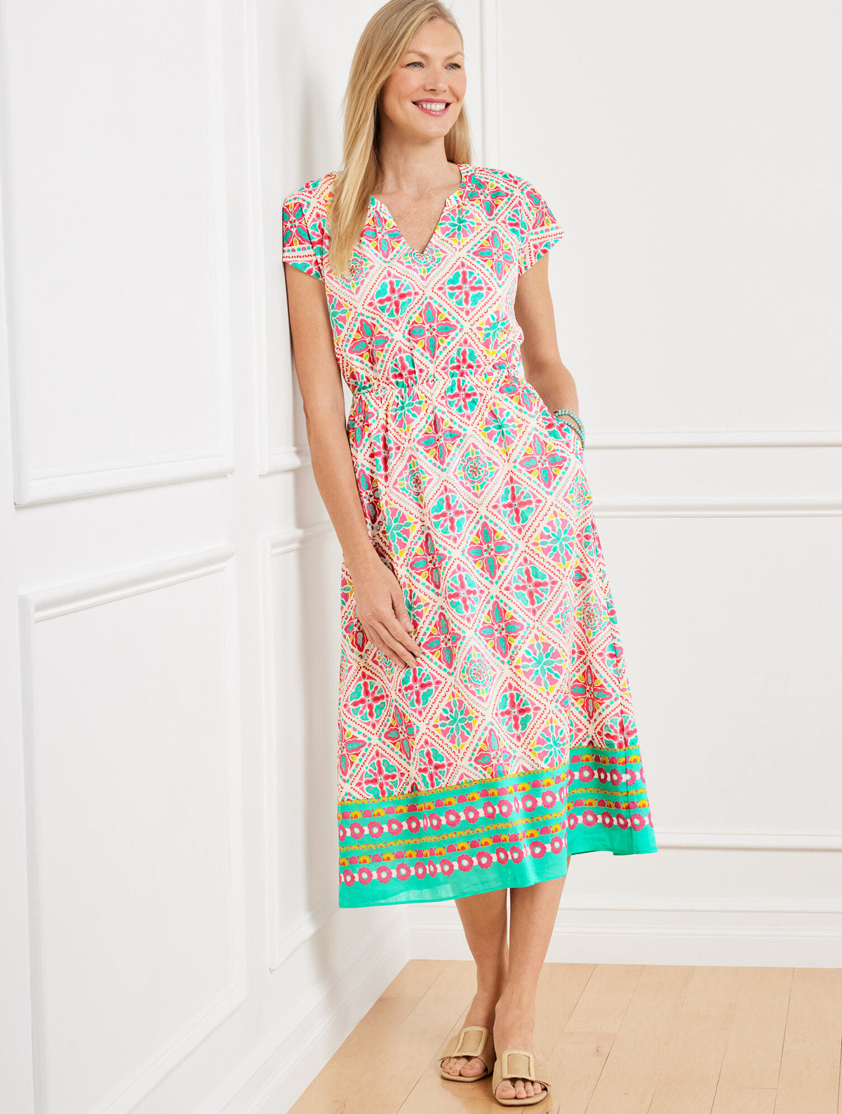 FIT & FLARE VOILE MIDI DRESS - PAINTERLY TILE