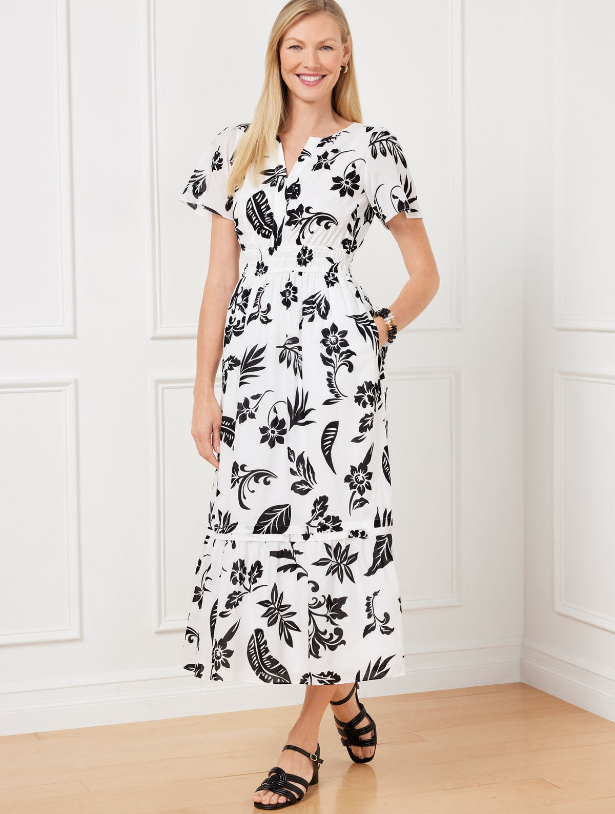 FLUTTER SLEEVE MIDI DRESS - SILHOUETTE PALMS