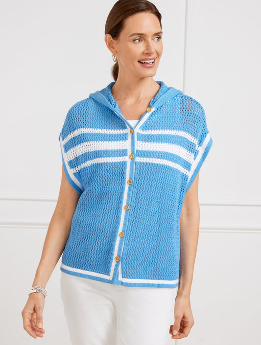 OPEN STITCH HOODED STRIPED PONCHO
