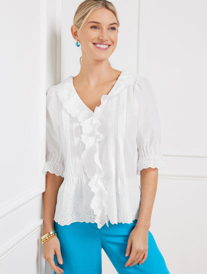 EMBROIDERED EYELET RUFFLE TOP