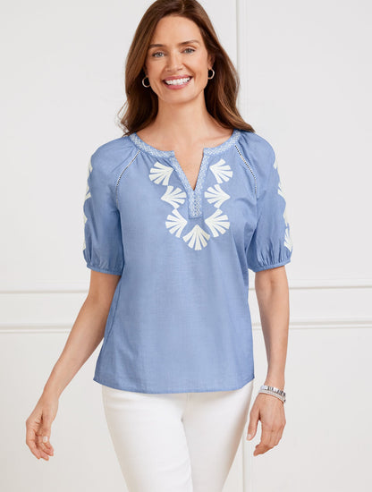 EMBROIDERED ELBOW SLEEVE TOP