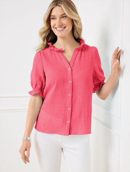 SMOCKED GAUZE TOP