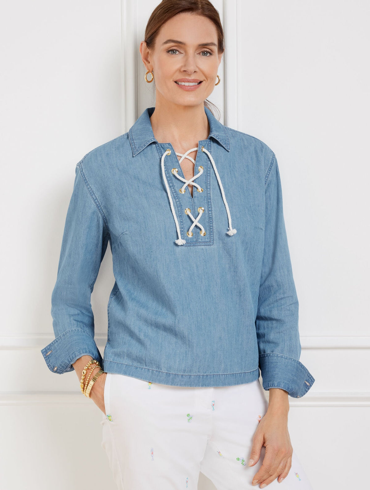 LACE UP DENIM TOP - AMALFI WASH