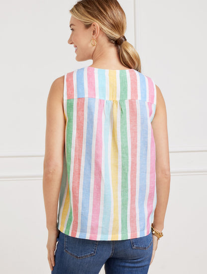 LINEN BAND COLLAR SHELL - PRISMATIC STRIPE